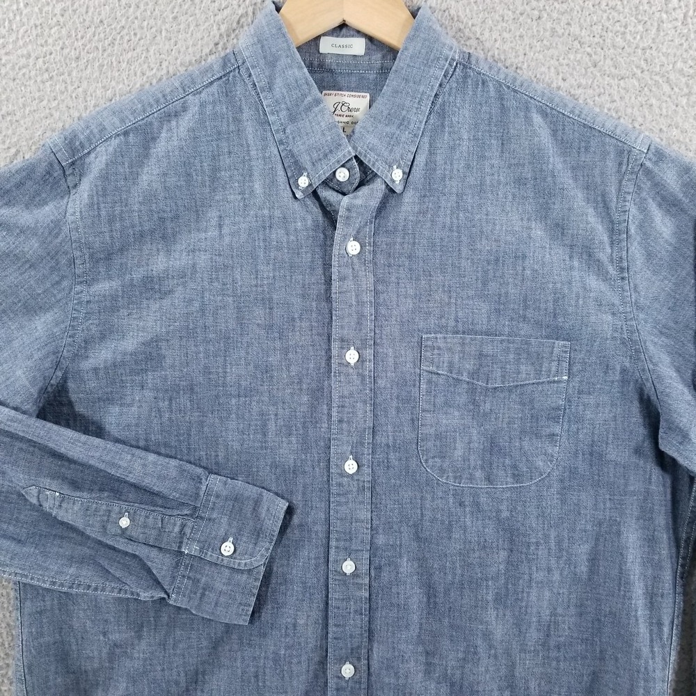 J.Crew Shirt Mens Large Blue Chambray Stretch Classic Fit Organic Cotton Indigo